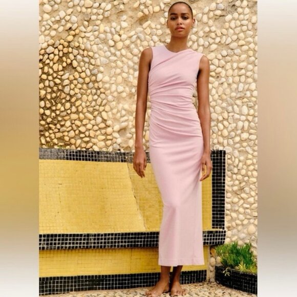 Zara Pink Sleeveless Ruched Maxi Dress Size Medium Elegant Evening - Picture 1 of 10